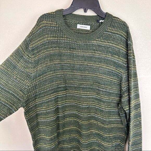 Jack & Jones Mens Crewneck Pullover Sweater Green Striped XXL - Picture 2 of 7